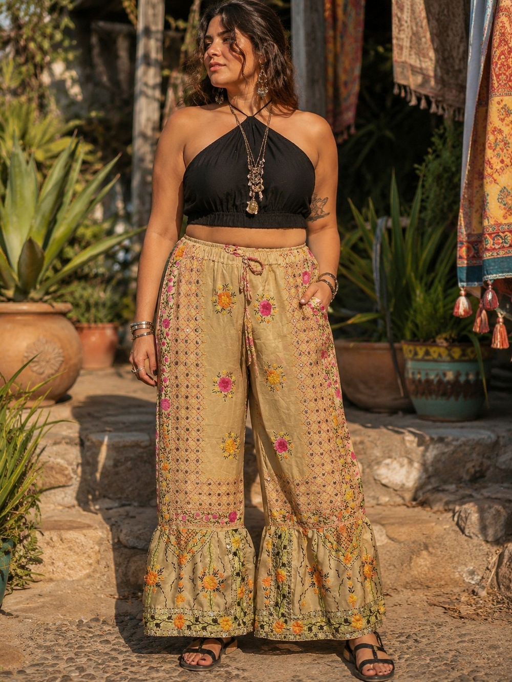 💐 Boho Handmade Embroidered Phulkari Bell Pant With Mirrors.